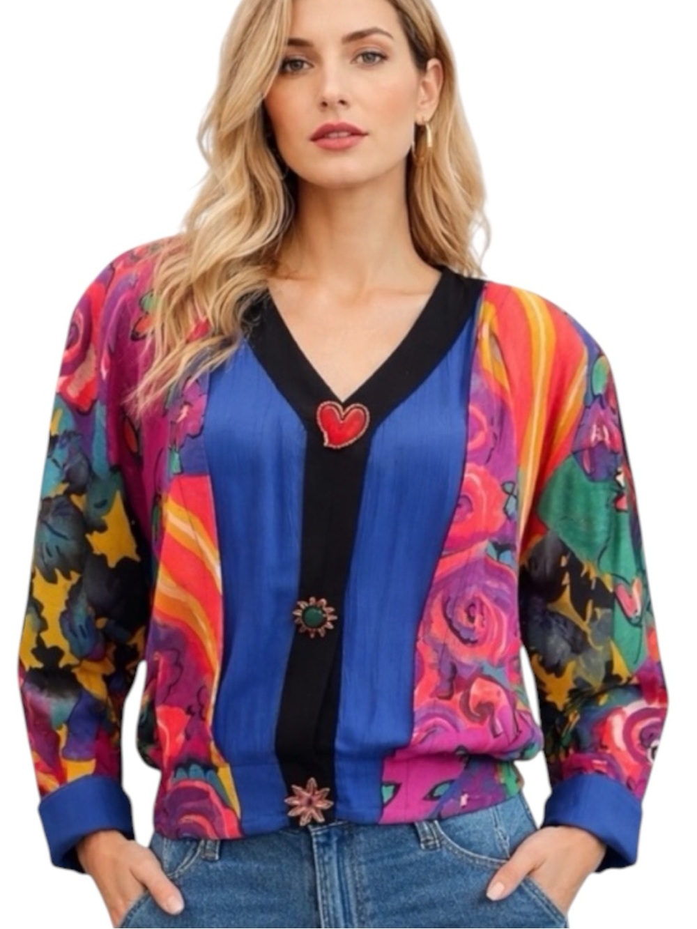 Vintage Carole Little Wearable Art Batwing Statement Blouse M/L